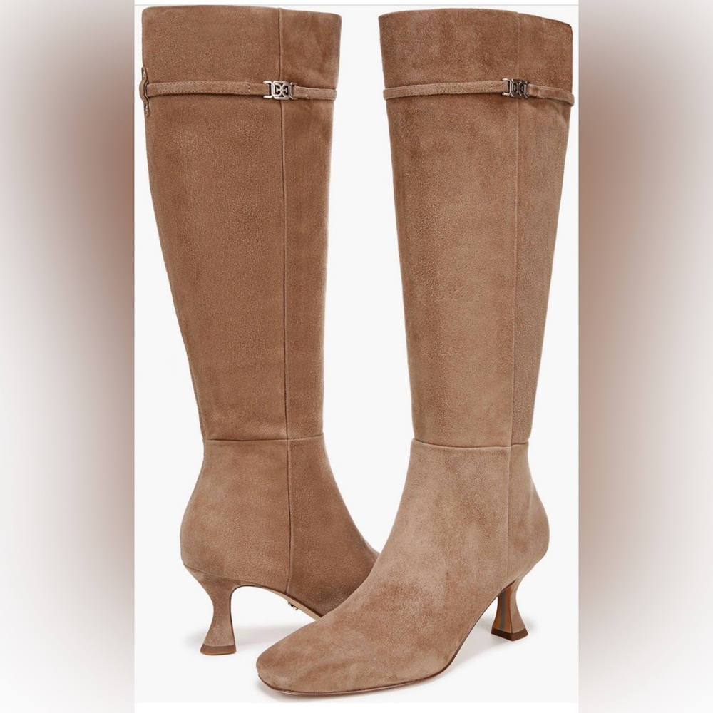 Sam Edelman Lyla Knee High Boot almond taupe kitten‎ heel suede size 7 wide calf